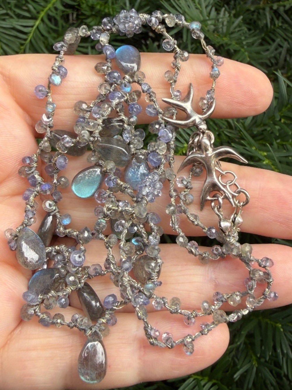 VINTAGE LABRADORITE BEADS CHOCKER NECKLACE SWALLOW BIRDS LOCK 925 STERLING SLVER